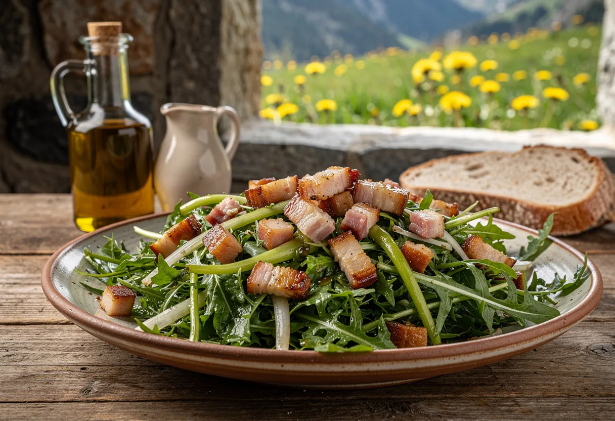 Plate of young green dandelion leaves glistening with olive oil, topped with crisp golden pieces of fried pork belly