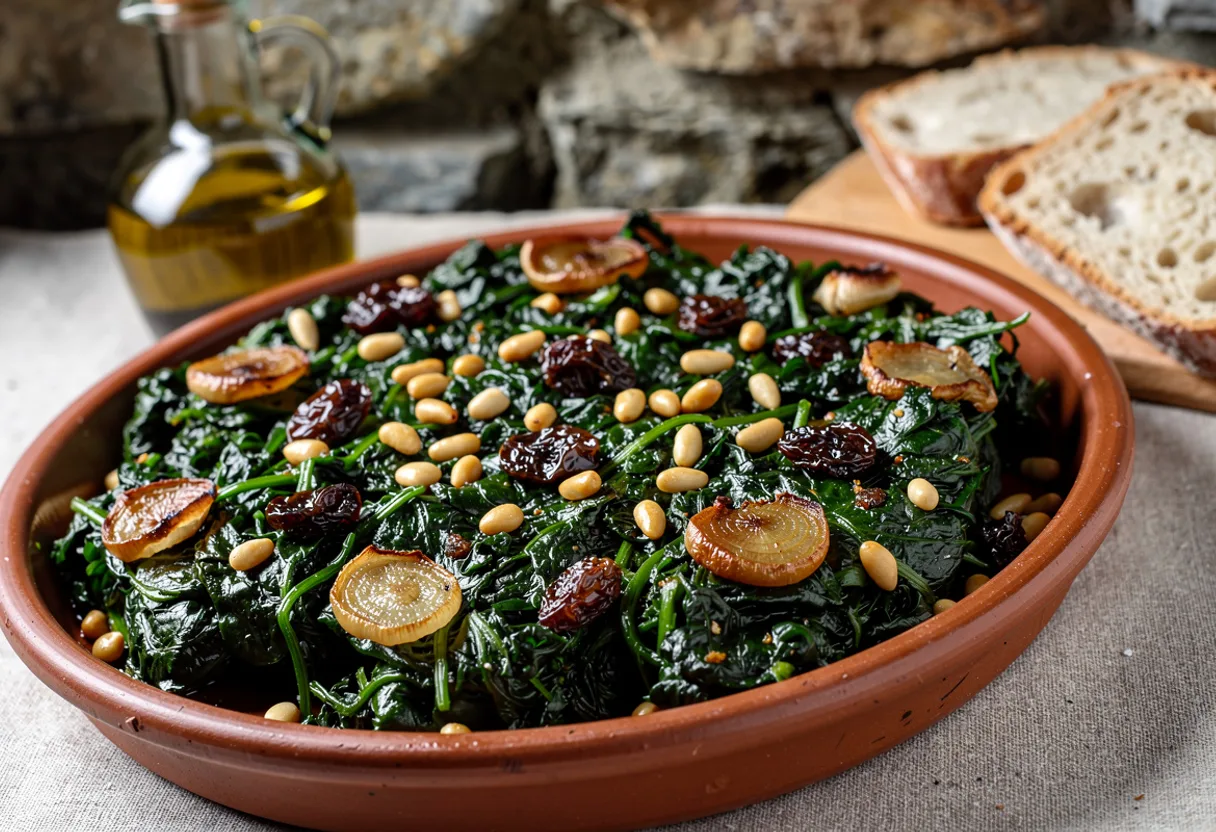Dish of glossy dark green sautéed spinach scattered with golden pine nuts and plump raisins