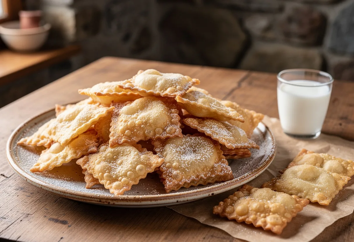 Pile of thin, crisp, blistered golden fried pastries with ruffled edges, dusted with sugar