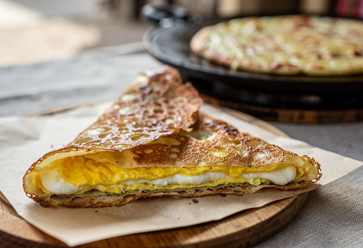 A paper-thin crisp flatbread folded into a triangle, showing a layer of cooked egg and melted cream cheese
