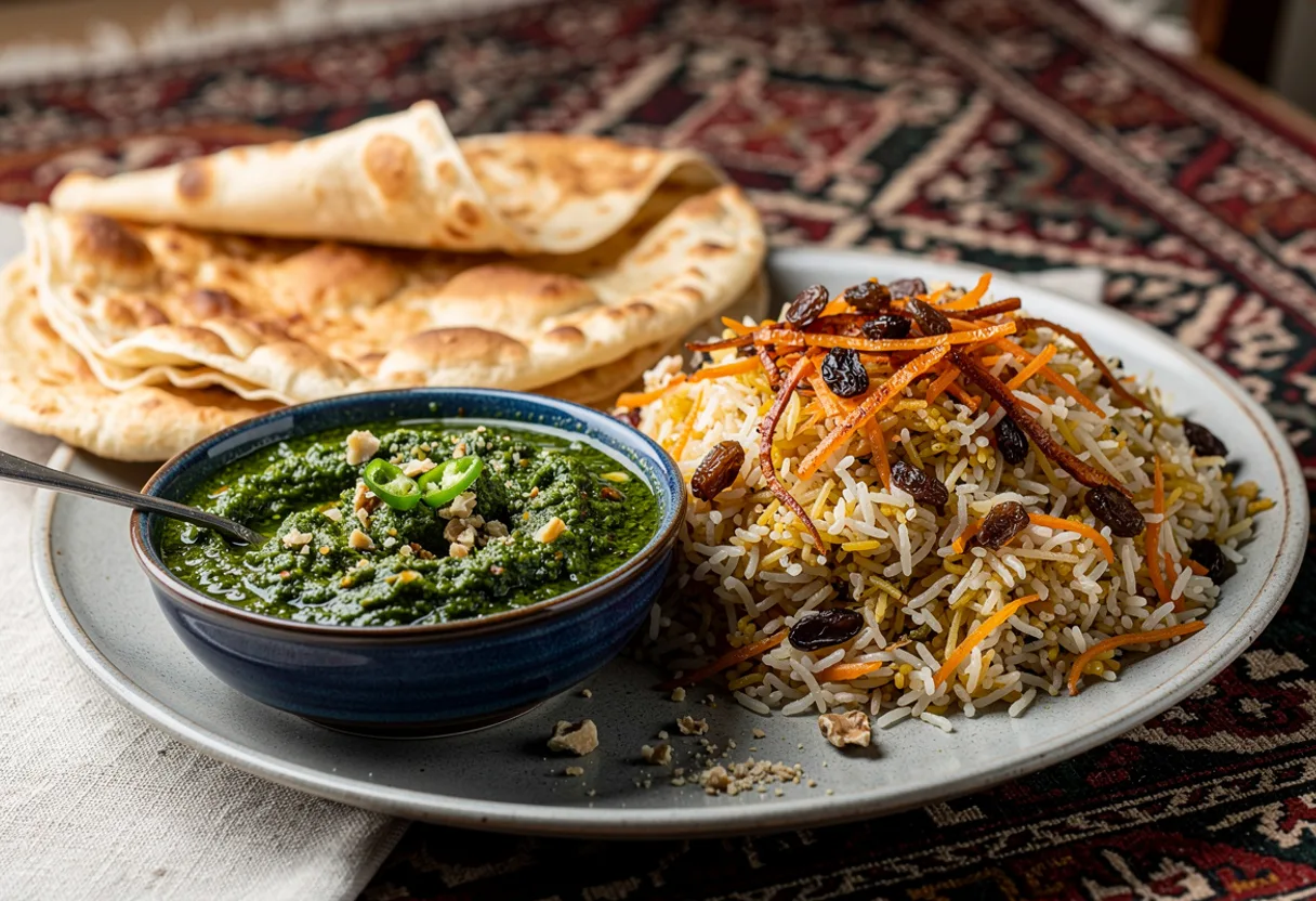 A small bowl of coarse, bright green coriander chutney flecked with walnut, beside rice and kebab