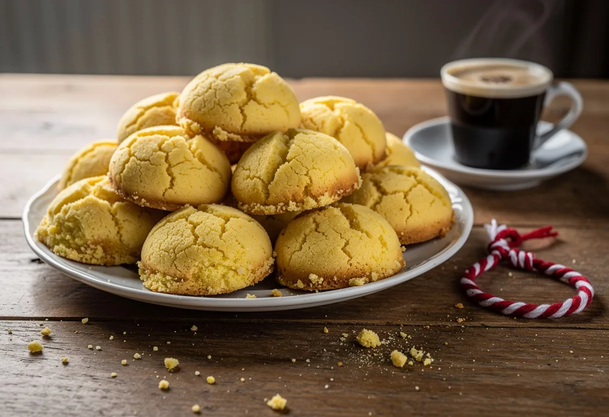 Round pale golden cornmeal cookies with cracked tops on a plate