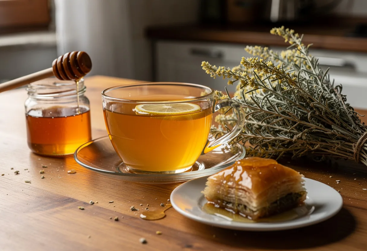 Glass cup of golden mountain tea with lemon, a jar of honey and a bundle of dried Sideritis