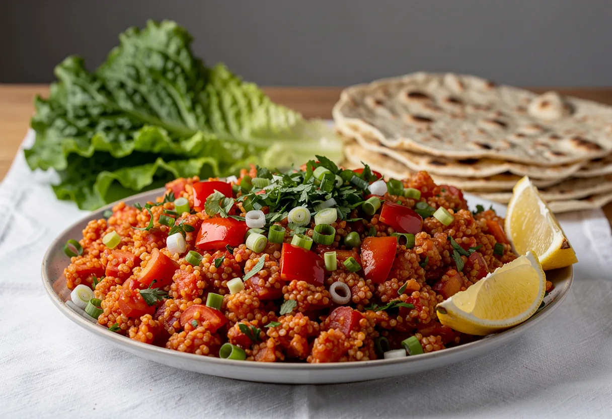 A dish of brick-red tomato bulgur salad topped with chopped spring onion, parsley and red pepper, with lettuce leaves