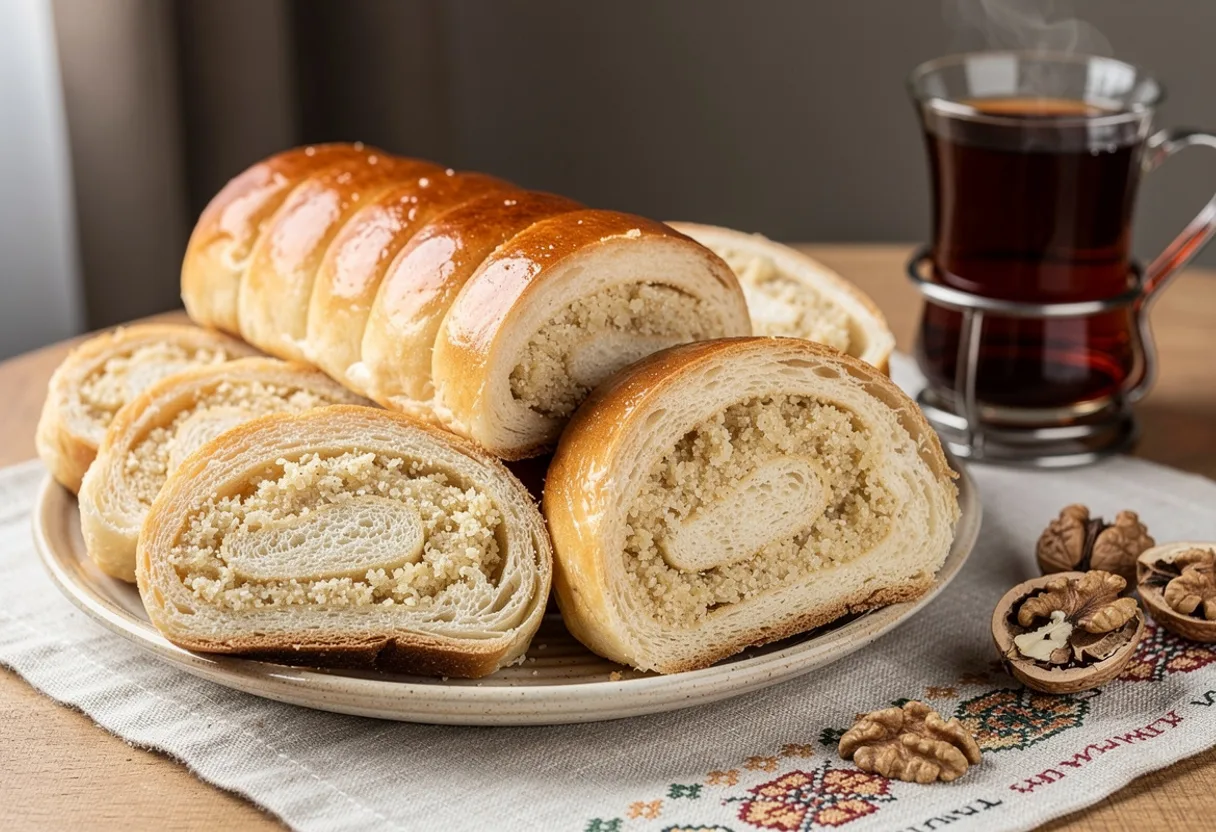 Golden egg-glazed rolled pastry slices showing a pale sugary crumb filling, with a glass of tea