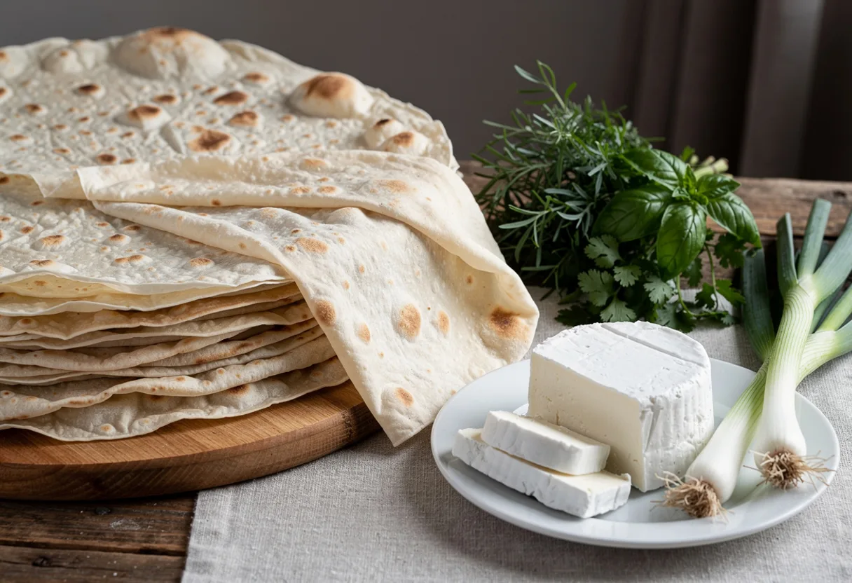 A stack of large, paper-thin, blistered lavash sheets, one draped and folded beside fresh herbs and white cheese