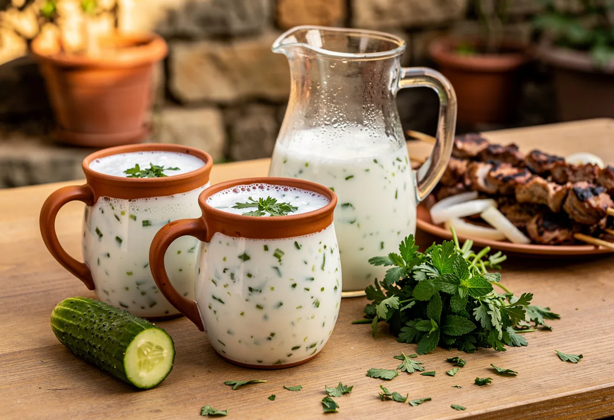 Ceramic mugs of pale, herb-flecked Armenian yogurt drink with cucumber and parsley