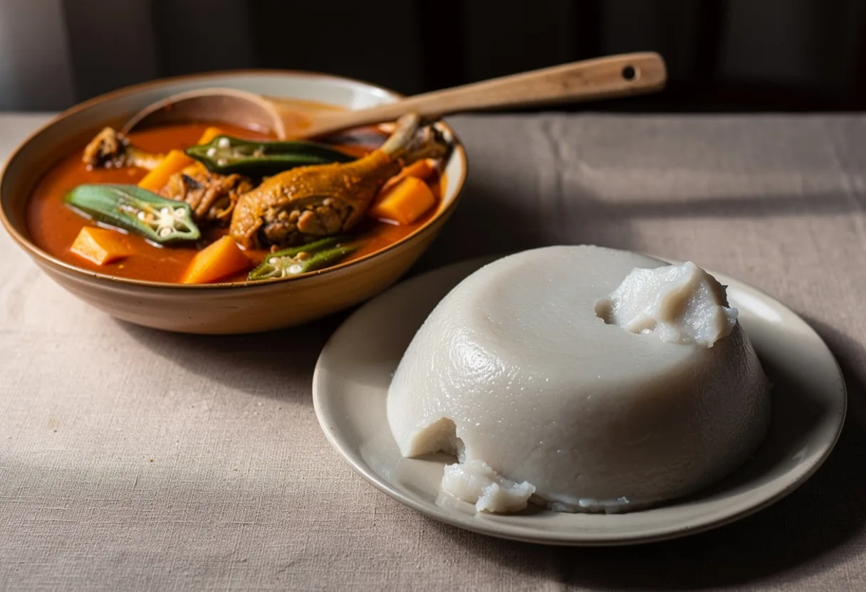 Smooth, glossy mound of pale grey Angolan cassava funge beside a bowl of chicken muamba