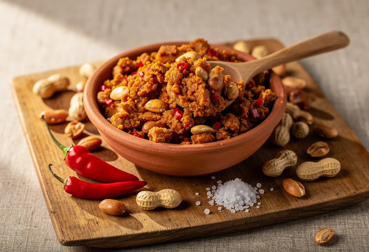 A small bowl of coarse, reddish-brown roasted peanut and chili paste with whole roasted peanuts