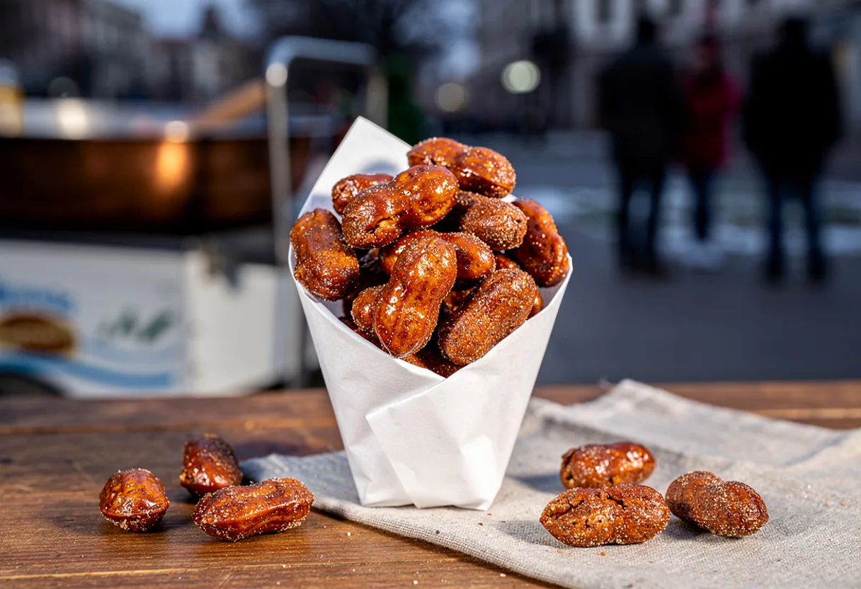 A paper cone of shiny caramel-coated peanuts with irregular craggy coats