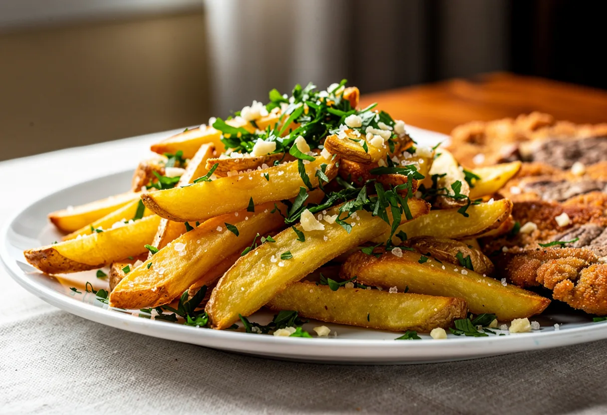 Golden fried potato batons covered in chopped garlic and green parsley on a plate