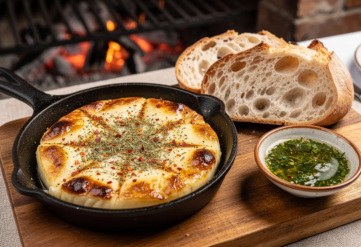 A round of grilled provolone with a golden crust in a small cast-iron pan, sprinkled with oregano and red chili flakes, with bread