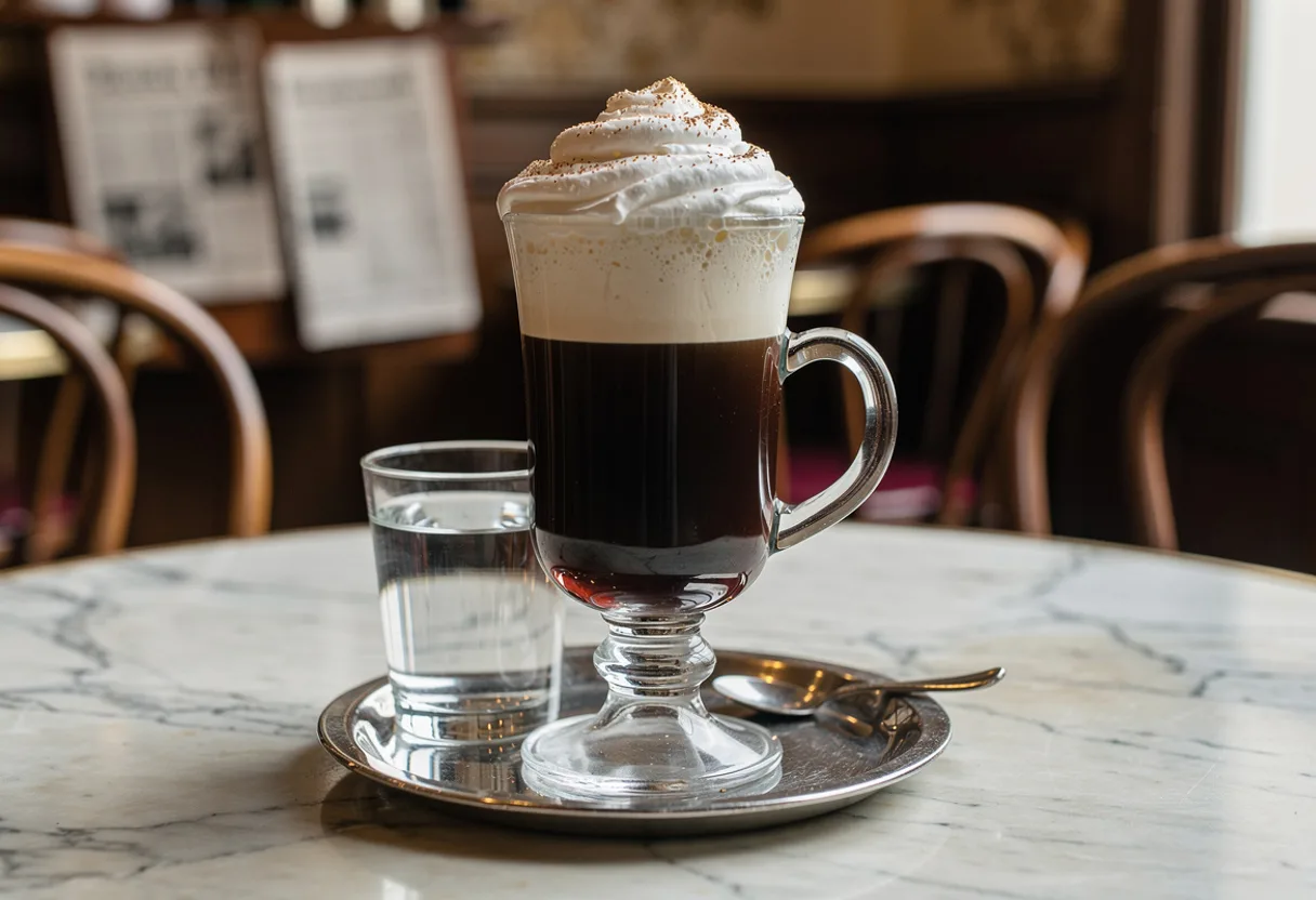 An Einspänner: dark coffee in a handled glass under a tall dome of whipped cream dusted with sugar
