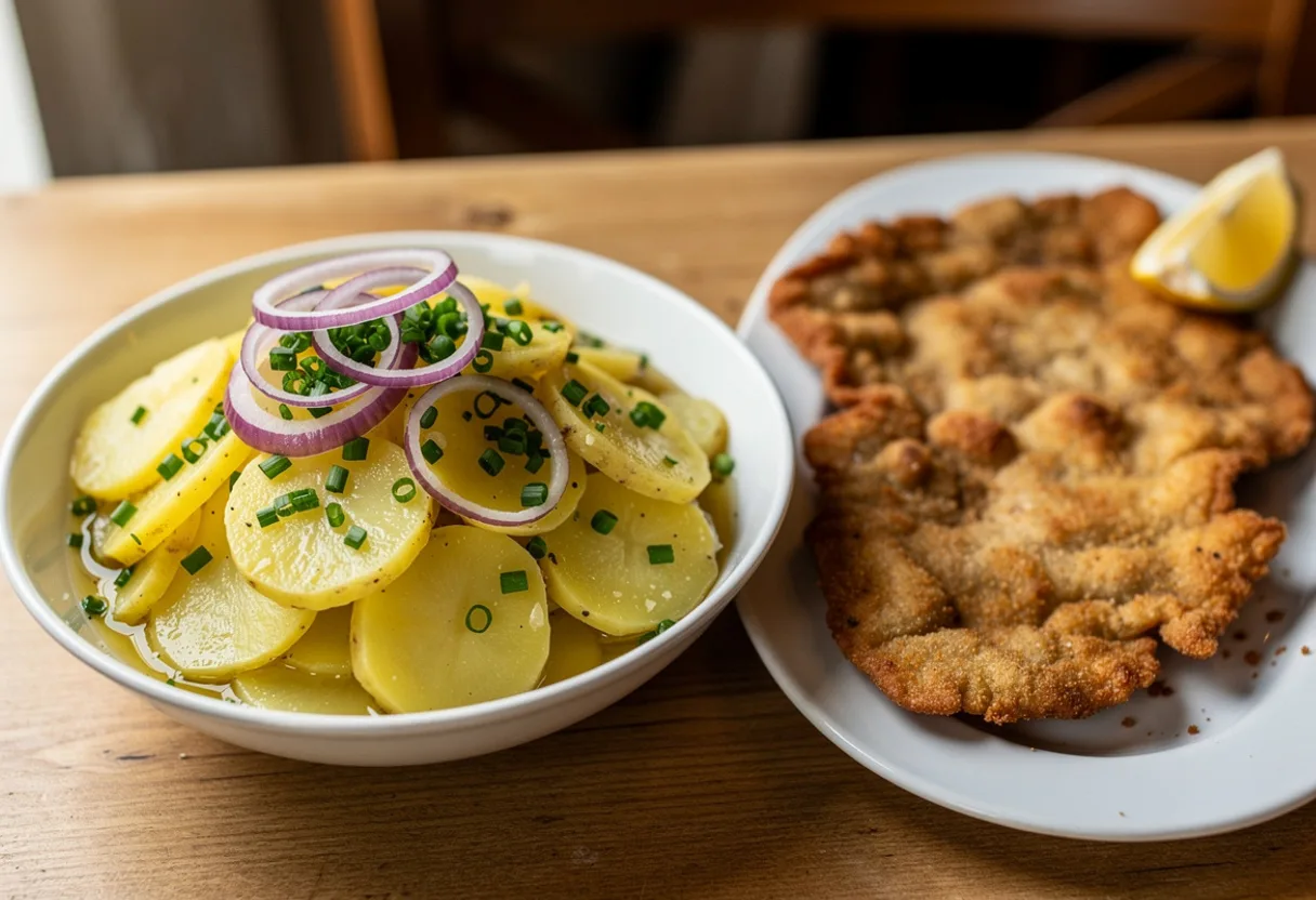A bowl of glossy sliced waxy potatoes in a light vinegar dressing with chives and thin onion rings, beside a golden Wiener Schnitzel