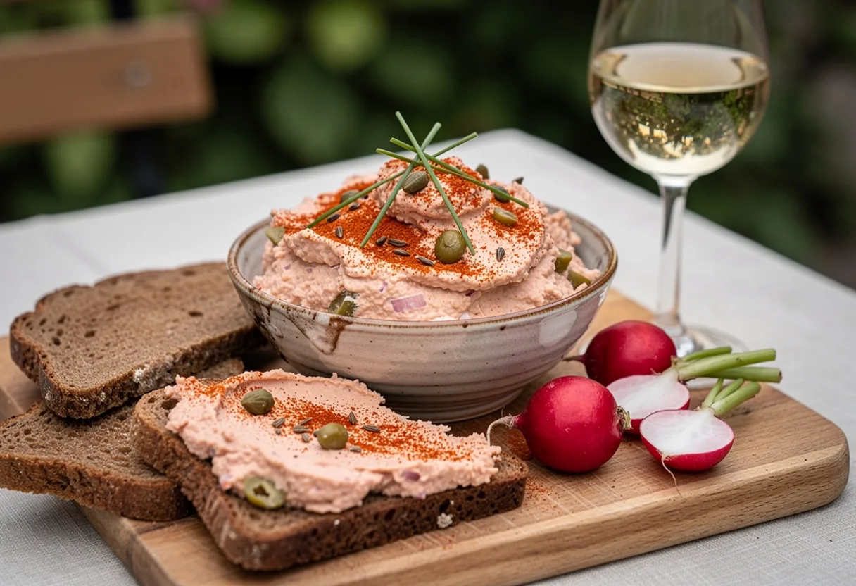 Bowl of pale pink Liptauer cheese spread dusted with paprika and chives, with slices of dark rye bread and radishes