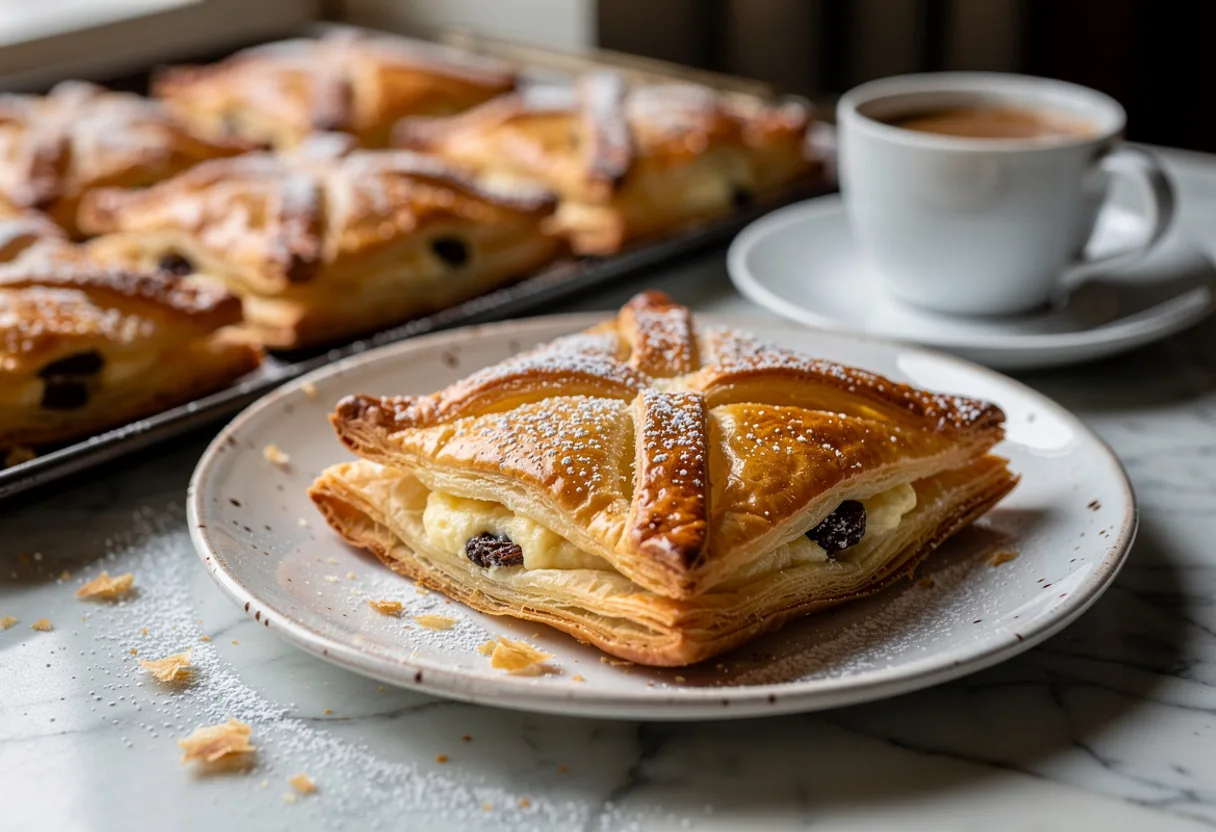 Golden square puff pastry parcels with corners folded to the centre over a creamy quark filling, dusted with icing sugar