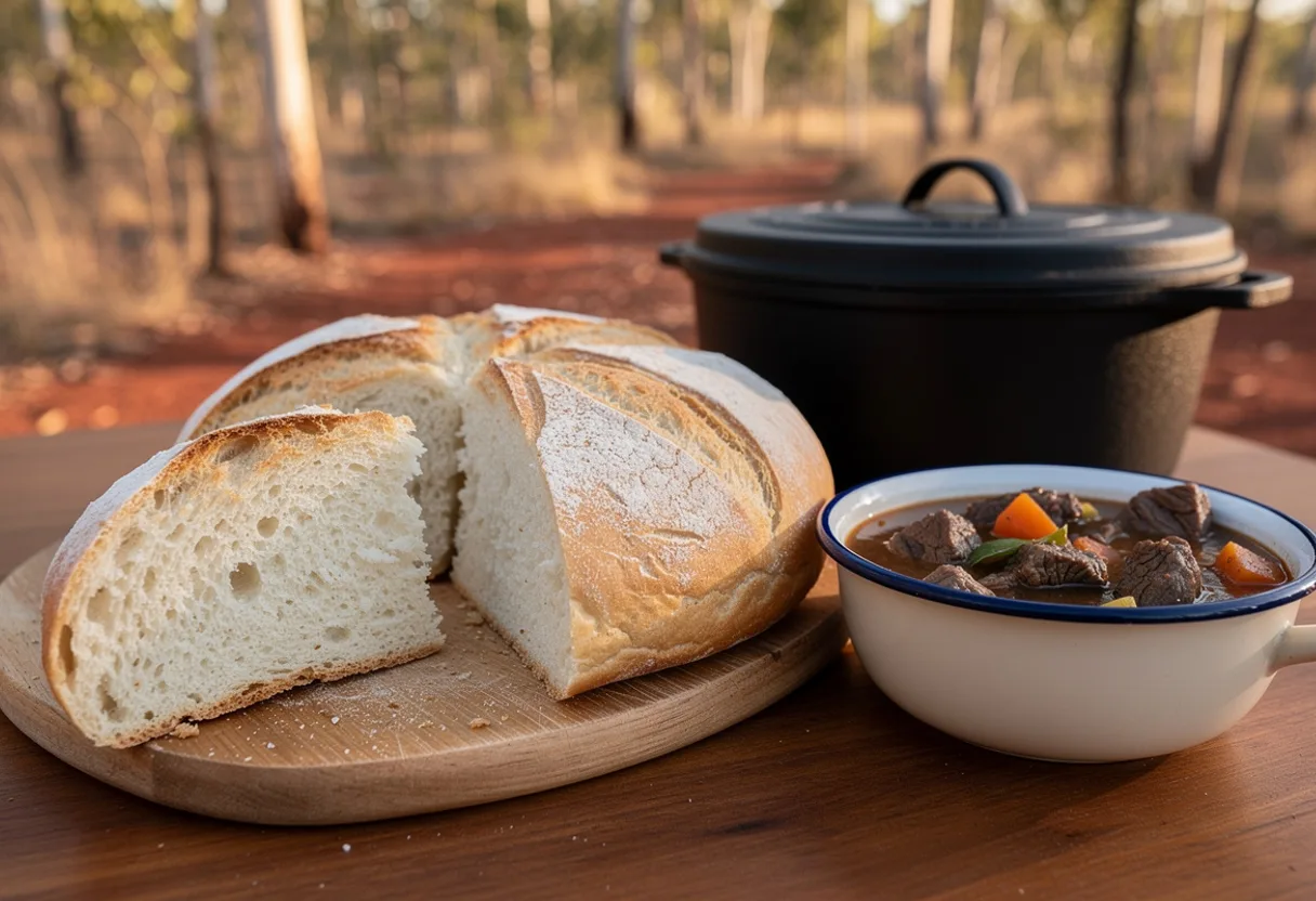 A round crusty damper loaf with a floury cross cut on top, one wedge broken off beside a bowl of stew
