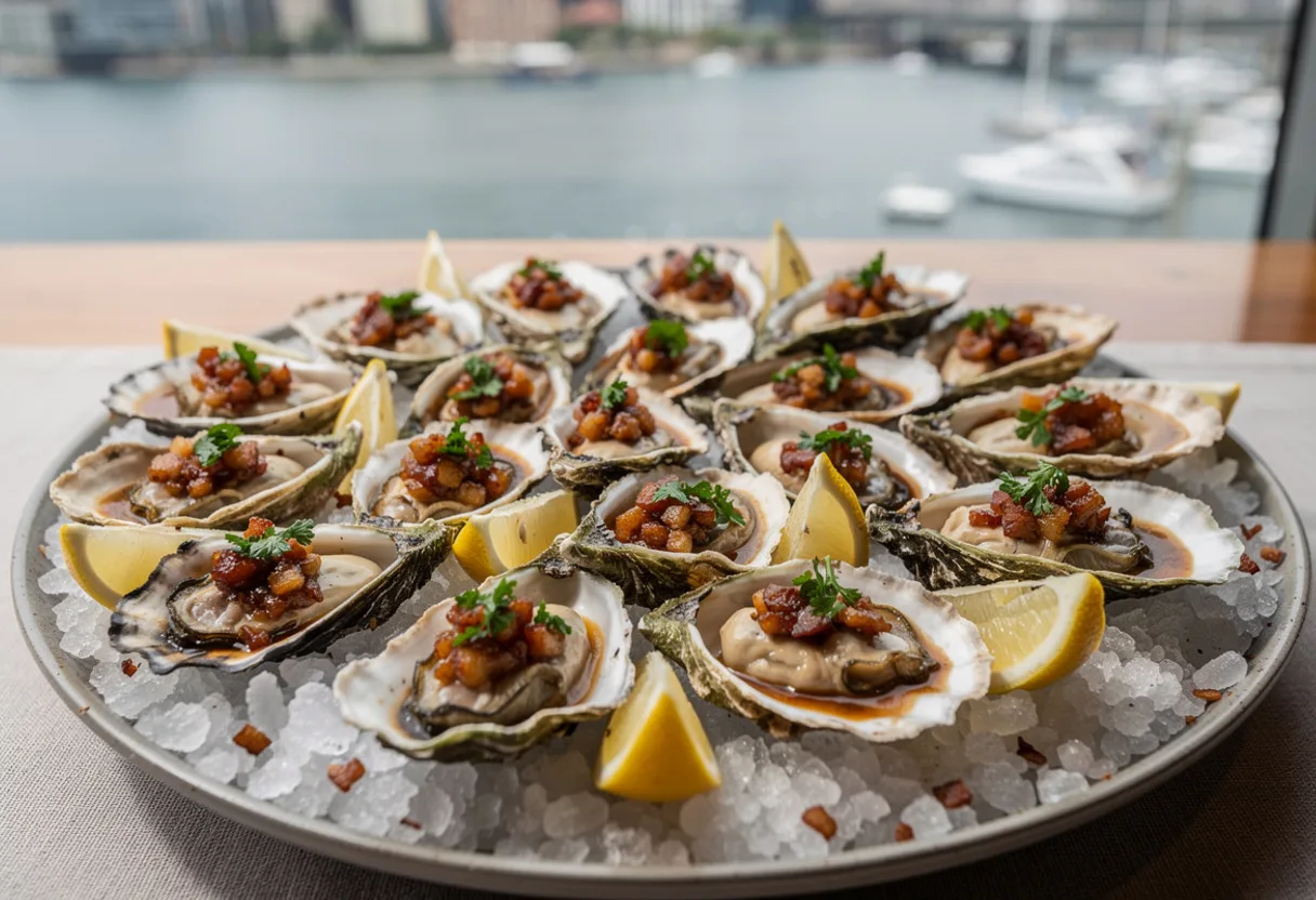 Grilled oysters on the half shell topped with crisp diced bacon and dark sauce on a bed of rock salt with lemon wedges