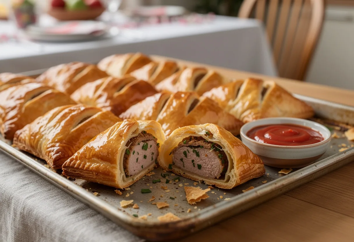 Golden, flaky puff pastry sausage rolls with slashed tops on a tray, one cut to show the meat filling, with tomato sauce