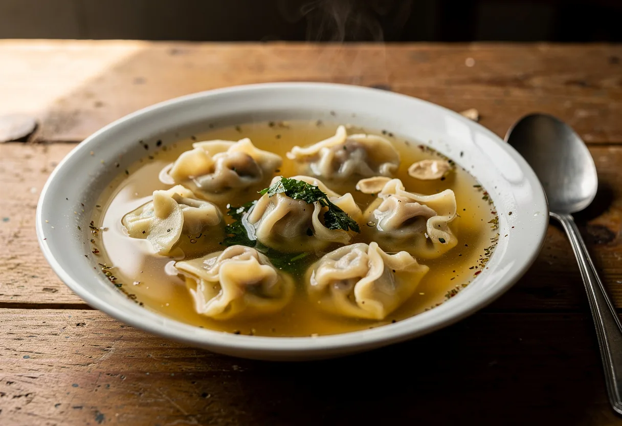 Tiny dumplings floating in clear broth with mint and vinegar
