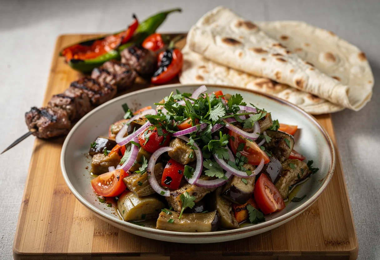A bowl of chopped smoky grilled eggplant, tomato and red pepper salad with onion and fresh herbs, beside kebab