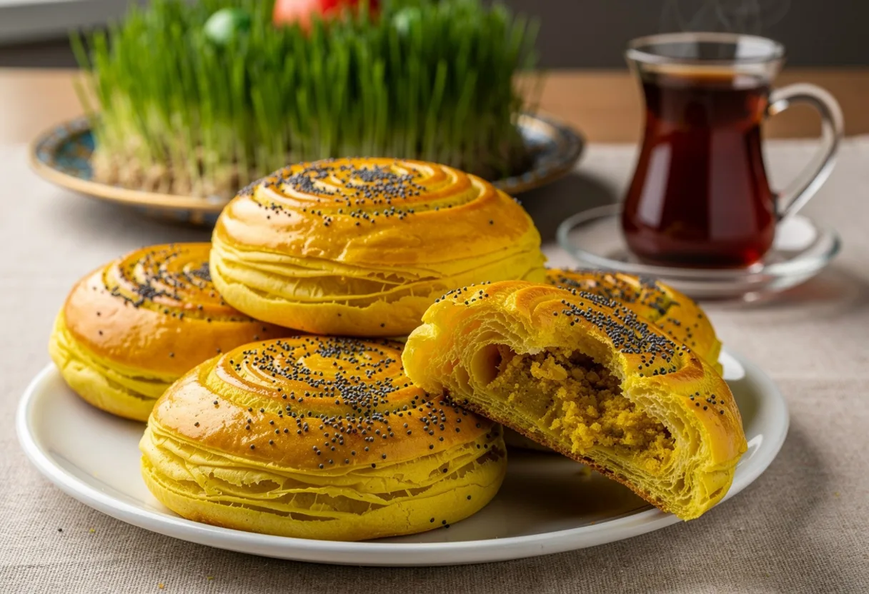 Round, flaky, layered golden-yellow savoury buns with visible spiral layers, sprinkled with poppy seeds