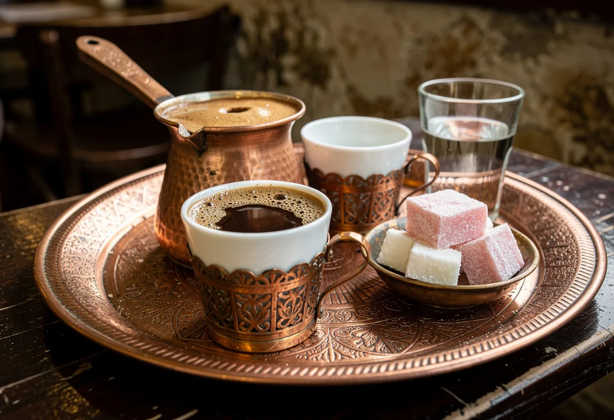 Copper džezva of Bosnian coffee on a round tray with two small fildžan cups, sugar cubes, rahat lokum and a glass of water