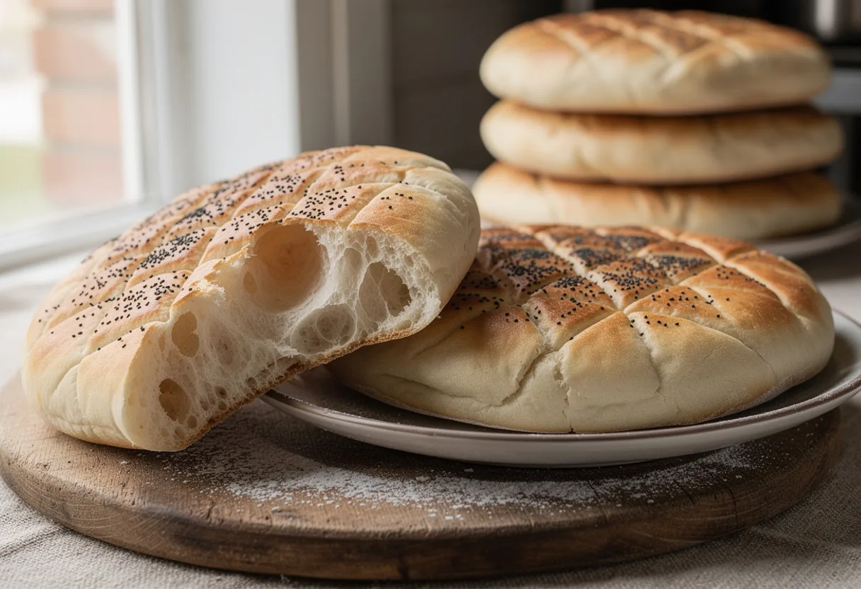 Two round, puffy Bosnian somun breads, golden and scored in a diamond grid, sprinkled with black nigella seeds