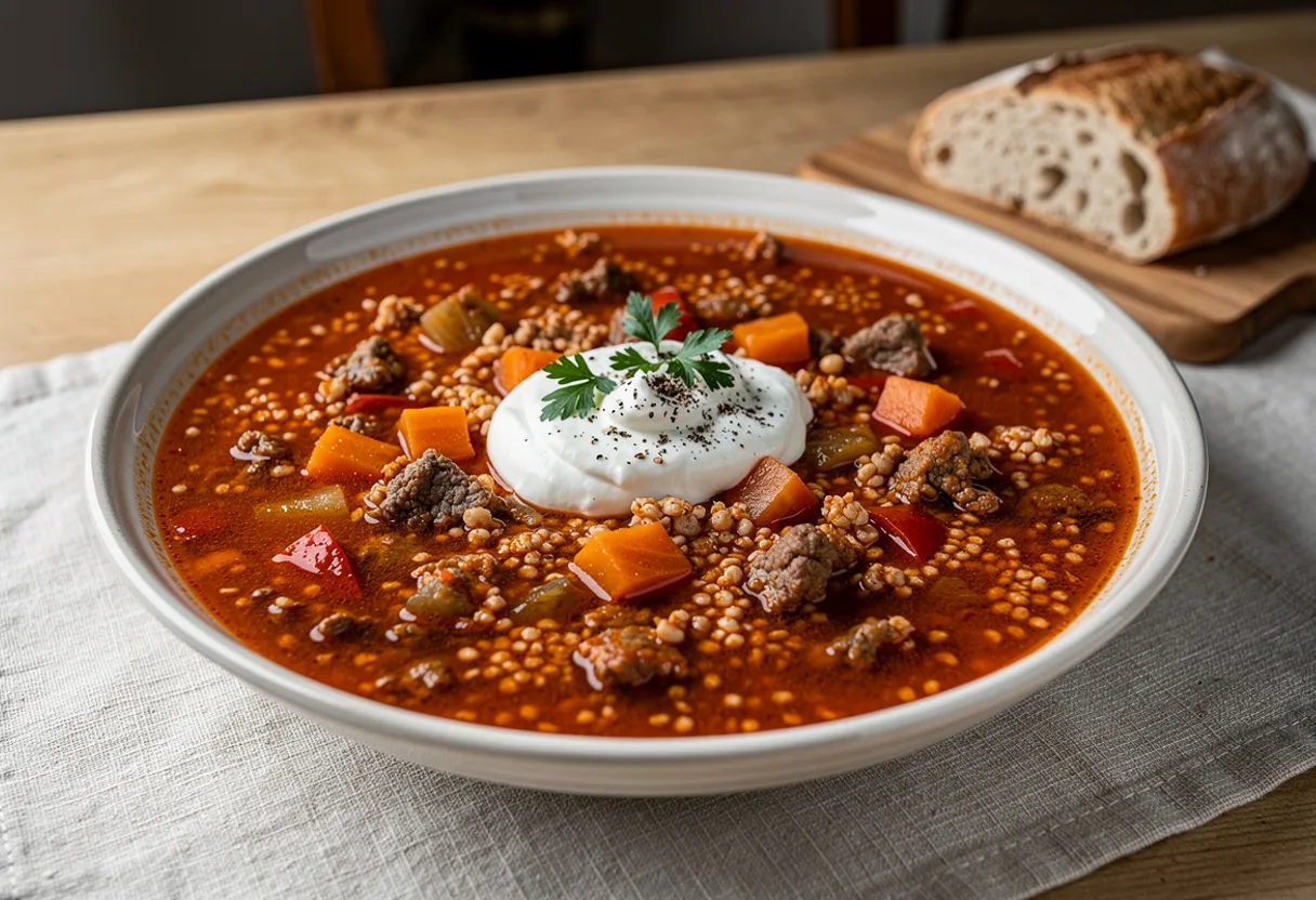 A bowl of thick tomato-red Bosnian tarhana soup with small swollen pellets, minced beef and vegetables, topped with sour cream and parsley