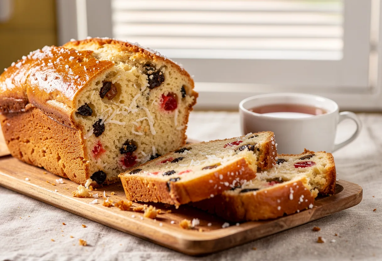 Slices of dense golden coconut bread studded with raisins and red cherries, next to a glossy loaf