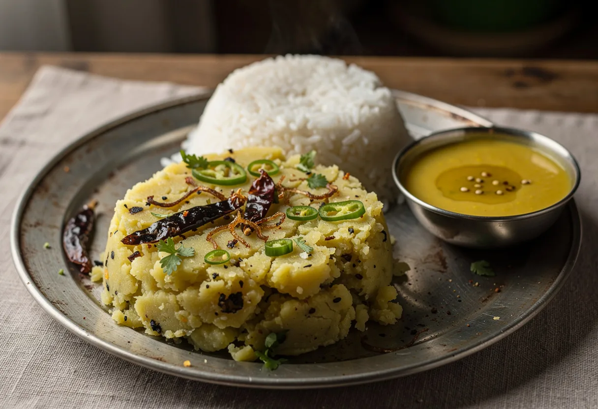 A mound of pale yellow mashed potato flecked with charred red chilli, fried onion and coriander