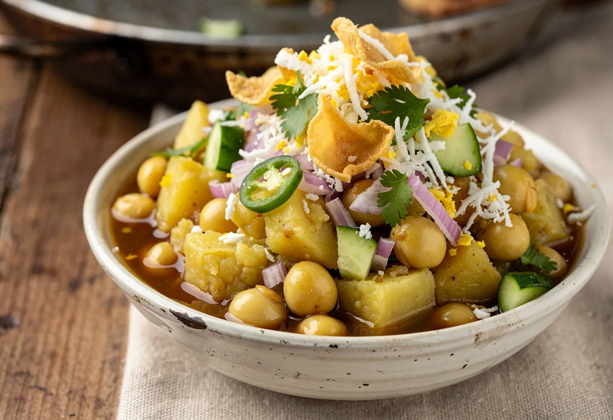 A bowl of warm yellow peas and potato topped with onion, green chilli, cucumber, grated egg, coriander and tamarind water