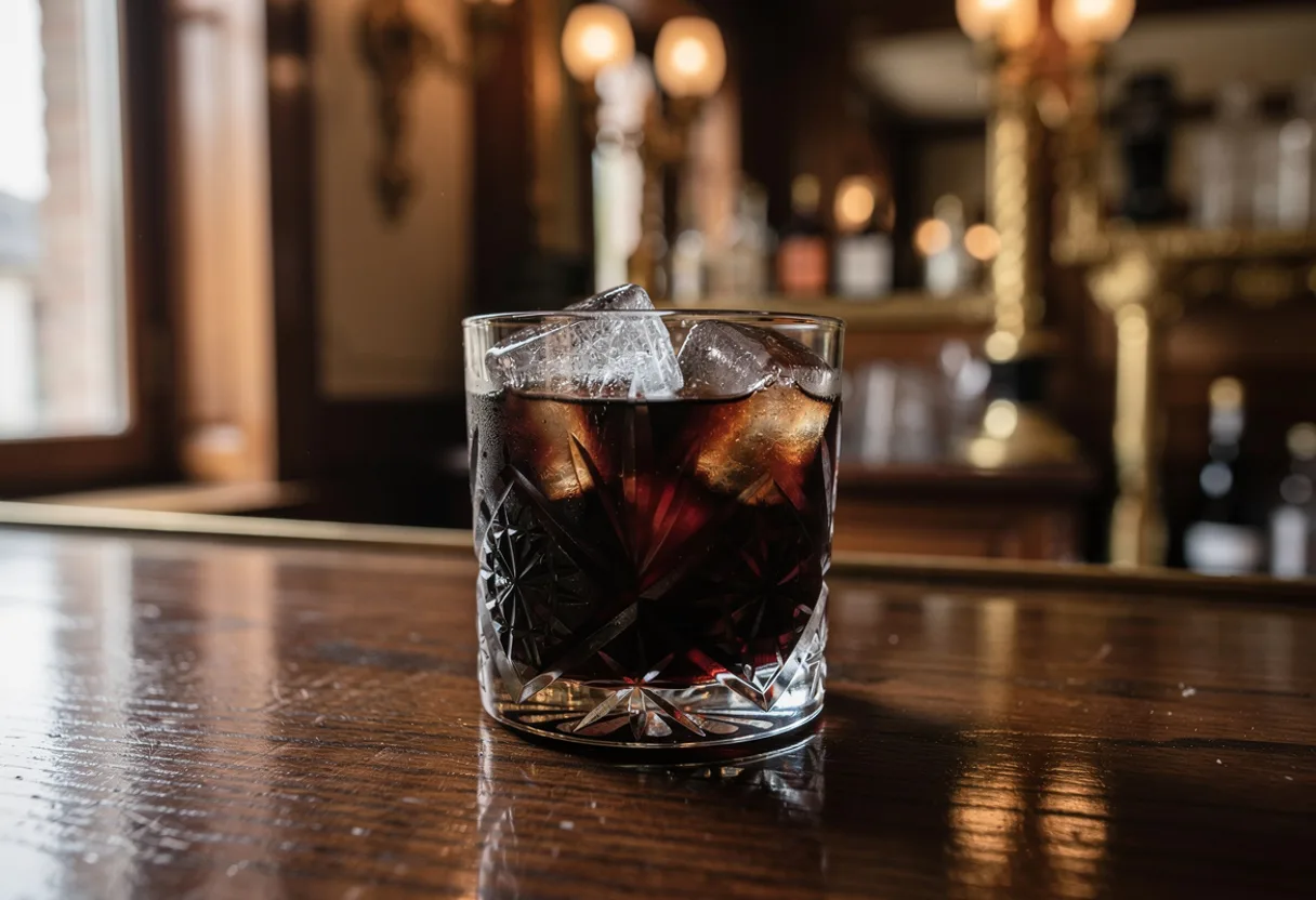 Black Russian cocktail, near-black vodka and coffee liqueur over ice in a short glass