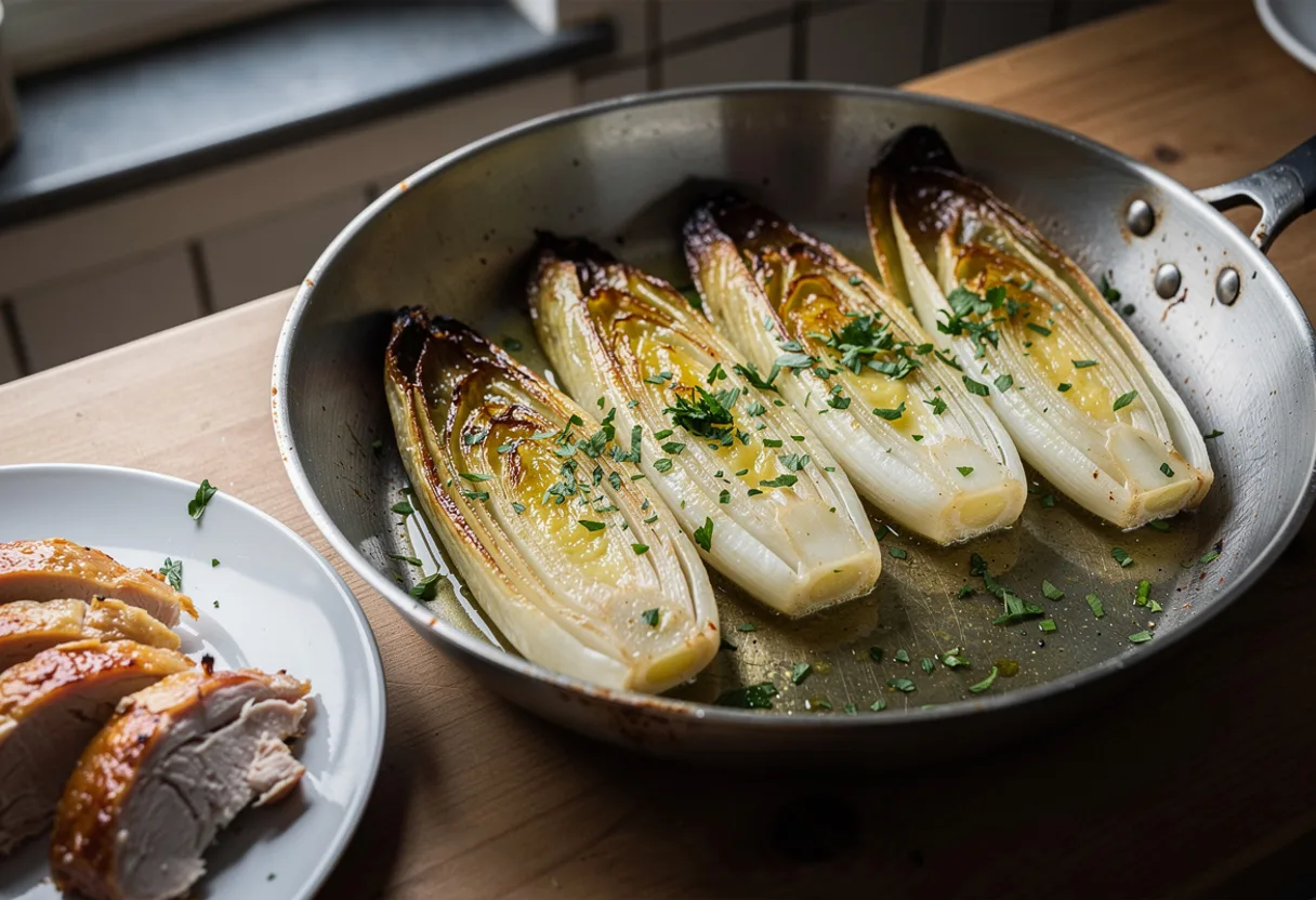 Whole Belgian endives braised golden and glossy in a buttery pan, sprinkled with parsley