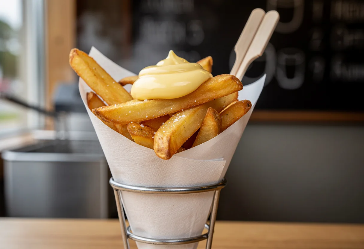 A paper cone of thick golden Belgian fries topped with a dollop of mayonnaise and a small wooden fork