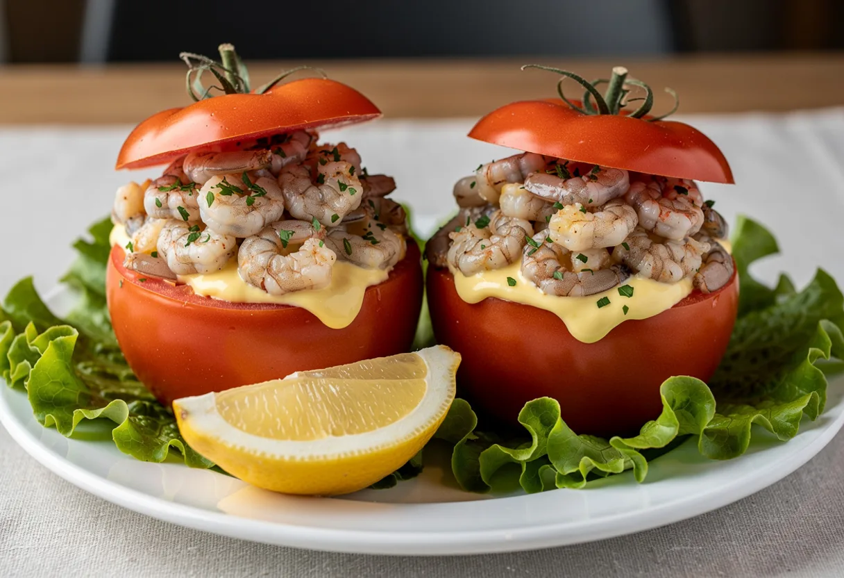 Hollowed red tomatoes overflowing with tiny pink grey shrimp in mayonnaise, set on lettuce leaves with their caps tilted on top
