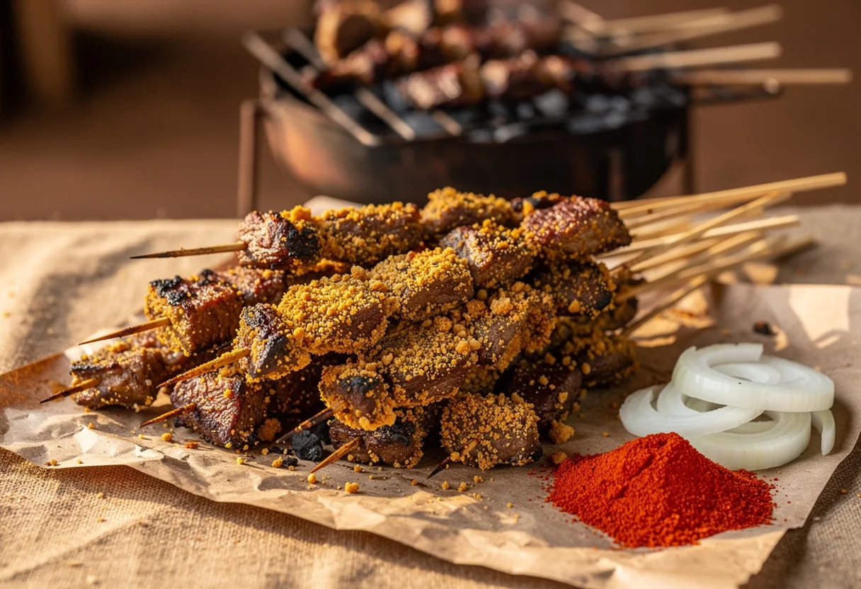 Small grilled beef skewers rolled in crushed peanut crumbs, with sliced onion and chili