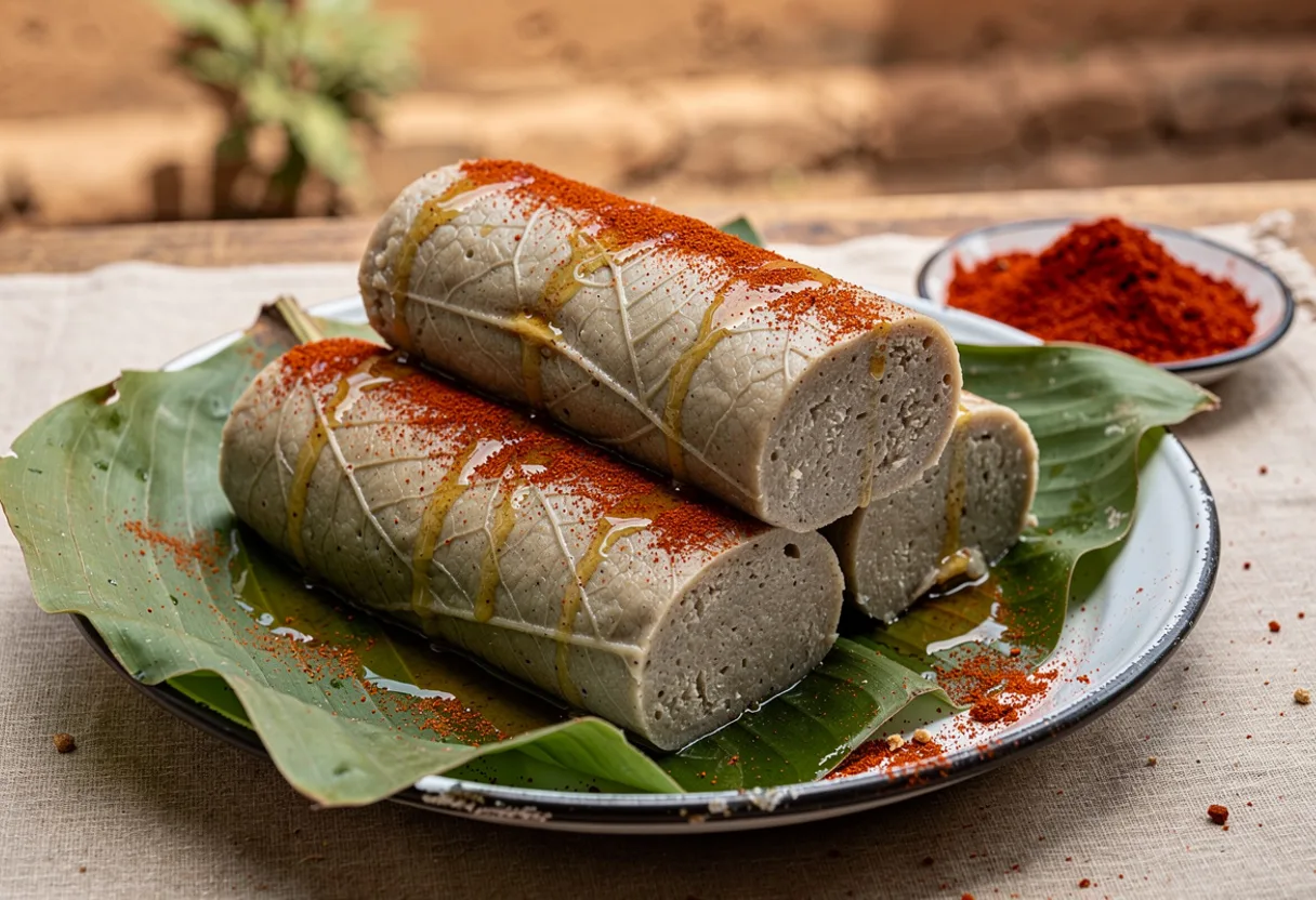 Unwrapped pale steamed black-eyed pea cakes on their leaves, drizzled with oil and dusted with red chili powder