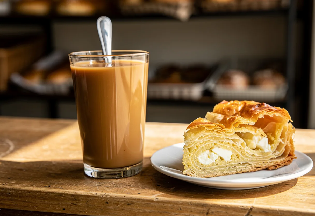 Glass of thick caramel-brown Bulgarian boza beside a slice of banitsa