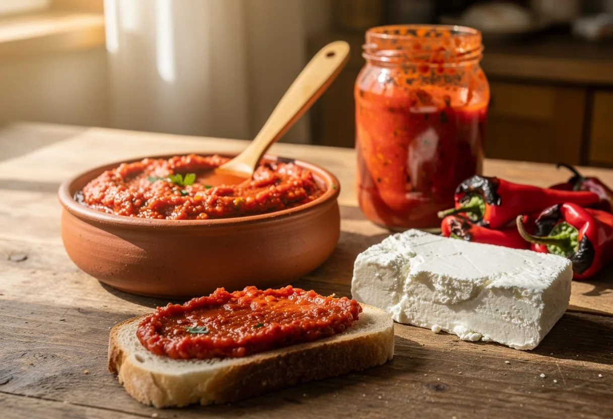 Bowl of thick, glossy brick-red lyutenitsa relish beside bread and white cheese
