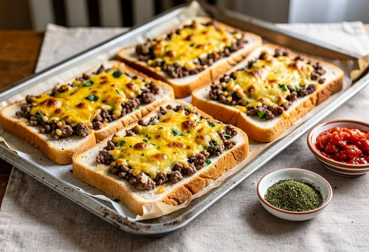 Slices of bread topped with browned minced meat and melted yellow cheese on a baking tray