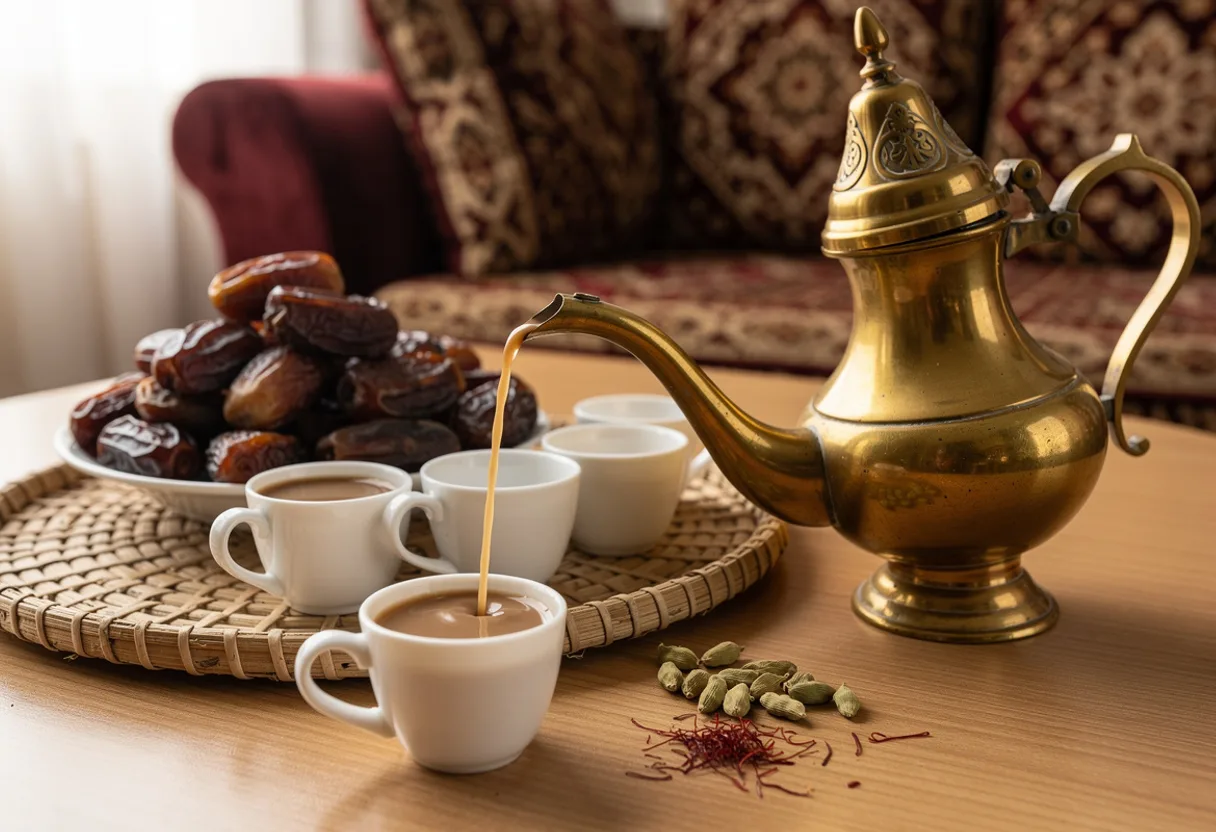 A brass dallah pouring pale golden Arabic coffee into a small finjan cup, with dates