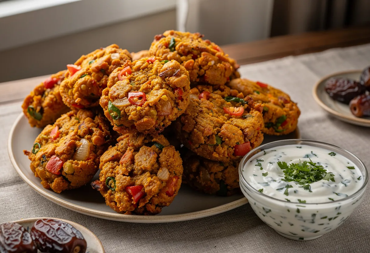 Crisp, craggy golden chickpea flour fritters flecked with tomato and green chili, with a bowl of yogurt coriander dip