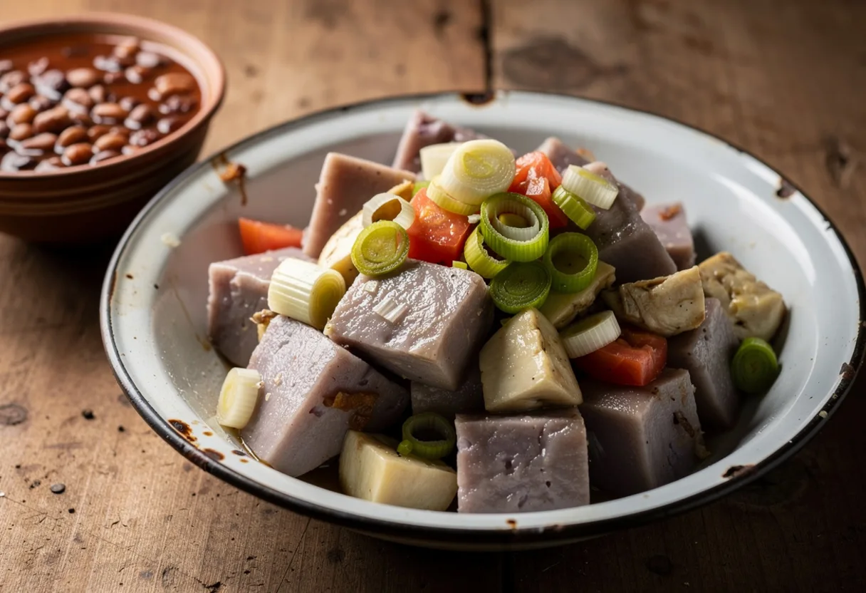 Bowl of soft cubes of boiled taro with white eggplant, tomato and sliced leeks