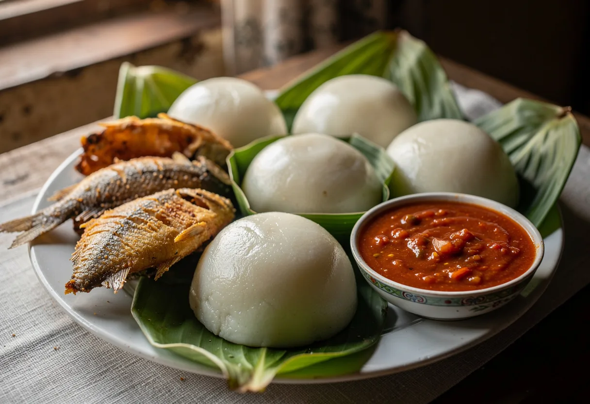 Smooth white loaves of fermented corn dough in opened green leaf wrappers beside fried fish and tomato sauce
