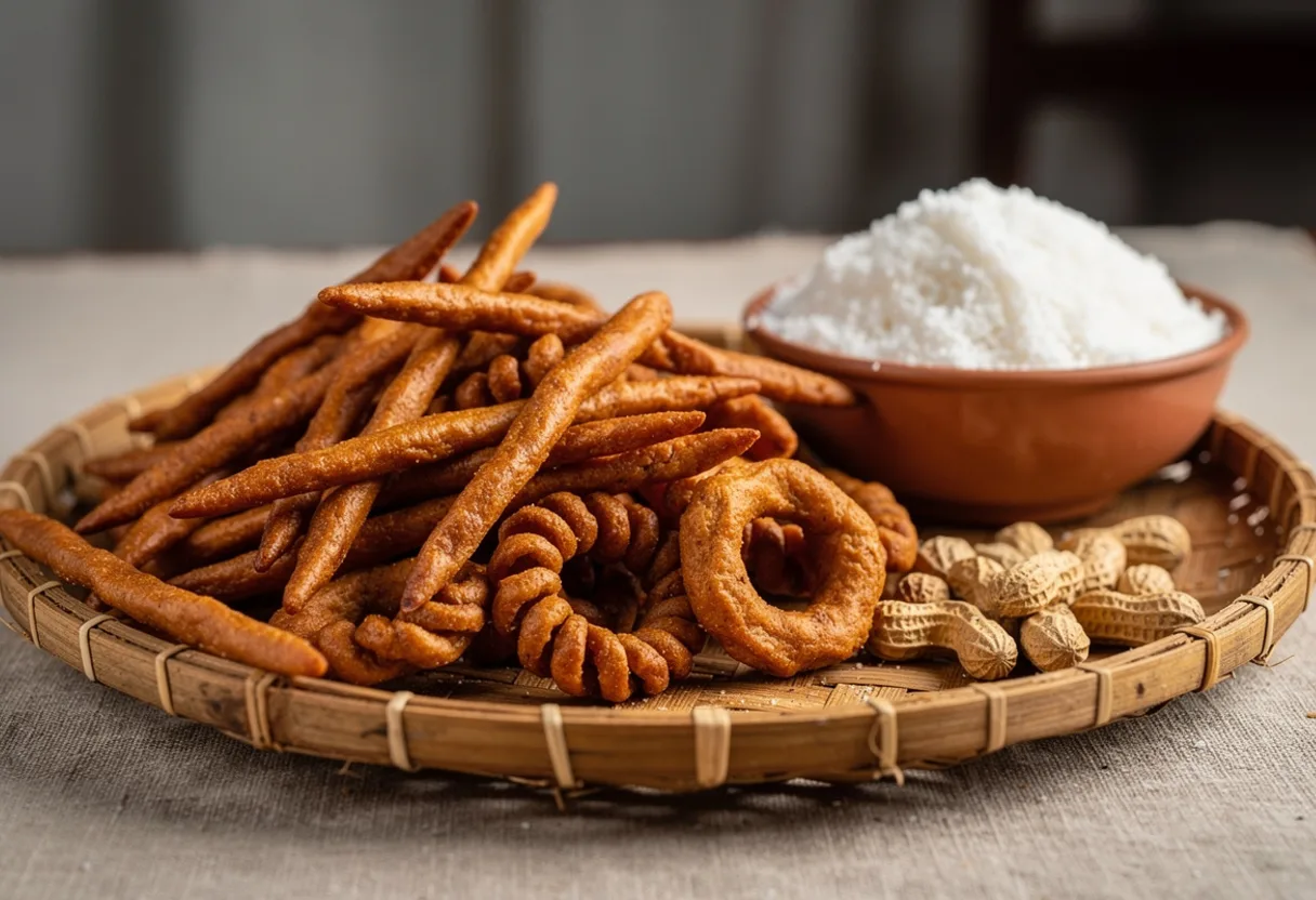 Crunchy brown peanut klui-klui shaped as twisted rings and tapered sticks, beside a bowl of gari