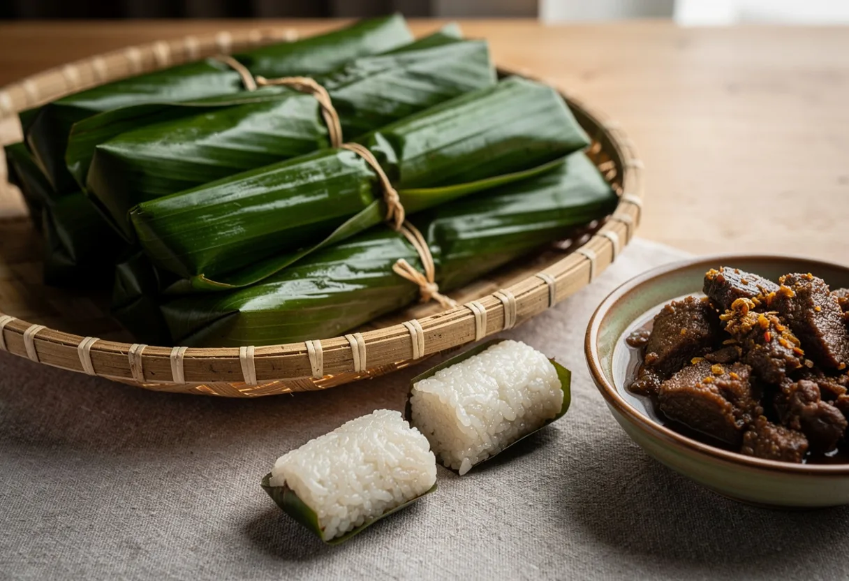Slim rolls of glutinous rice wrapped in green leaves and tied with string, one unwrapped beside a bowl of beef rendang