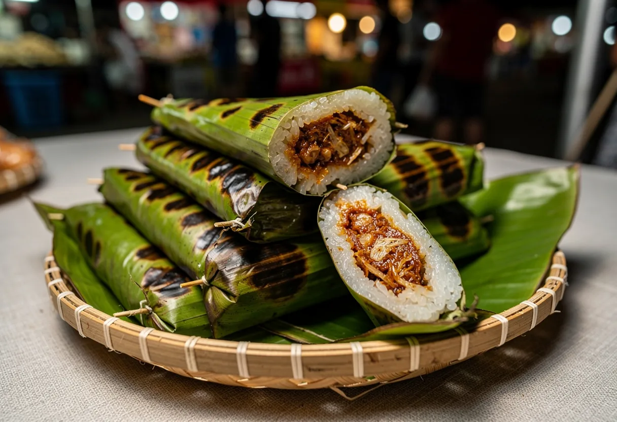 Banana-leaf-wrapped sticky rice rolls charred from the grill, one unwrapped to show a red-brown shrimp and coconut filling