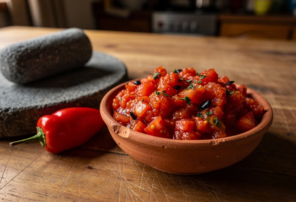 A clay bowl of rough red tomato and chili salsa flecked with green herbs, beside a grinding stone