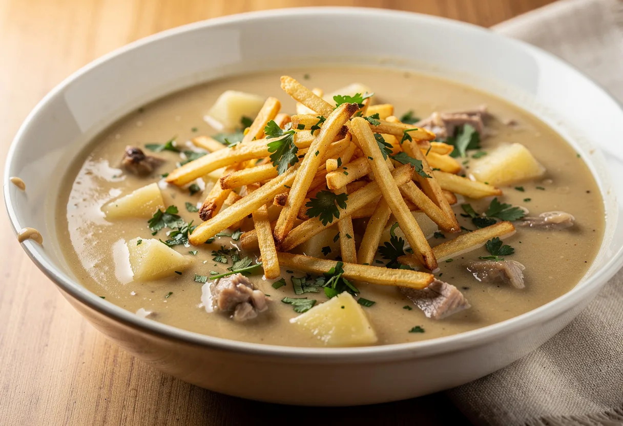 Creamy peanut soup topped with shoestring fries and parsley